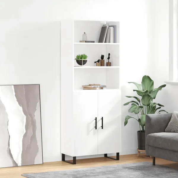 Buffet haut Blanc brillant 69,5x34x180 cm Bois d'ingénierie
