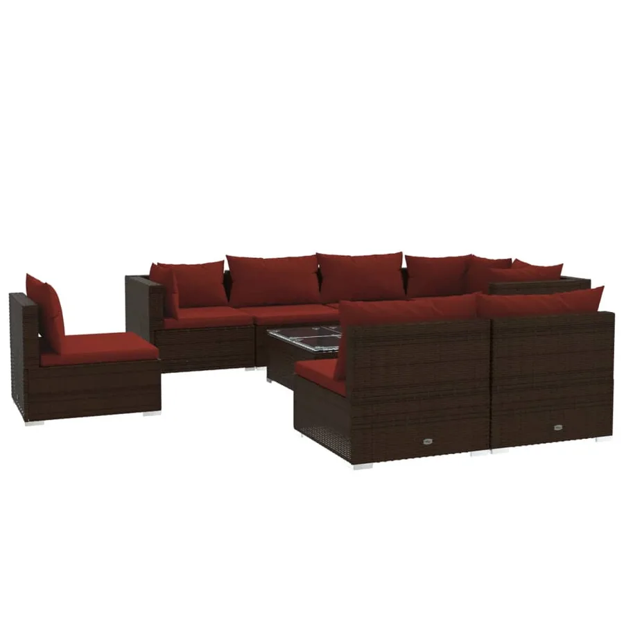 Salon de jardin 9 pcs avec coussins résine tressée marron - 2