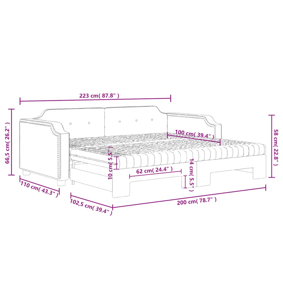 Lit de jour avec gigogne et matelas taupe 100x200 cm tissu - 12
