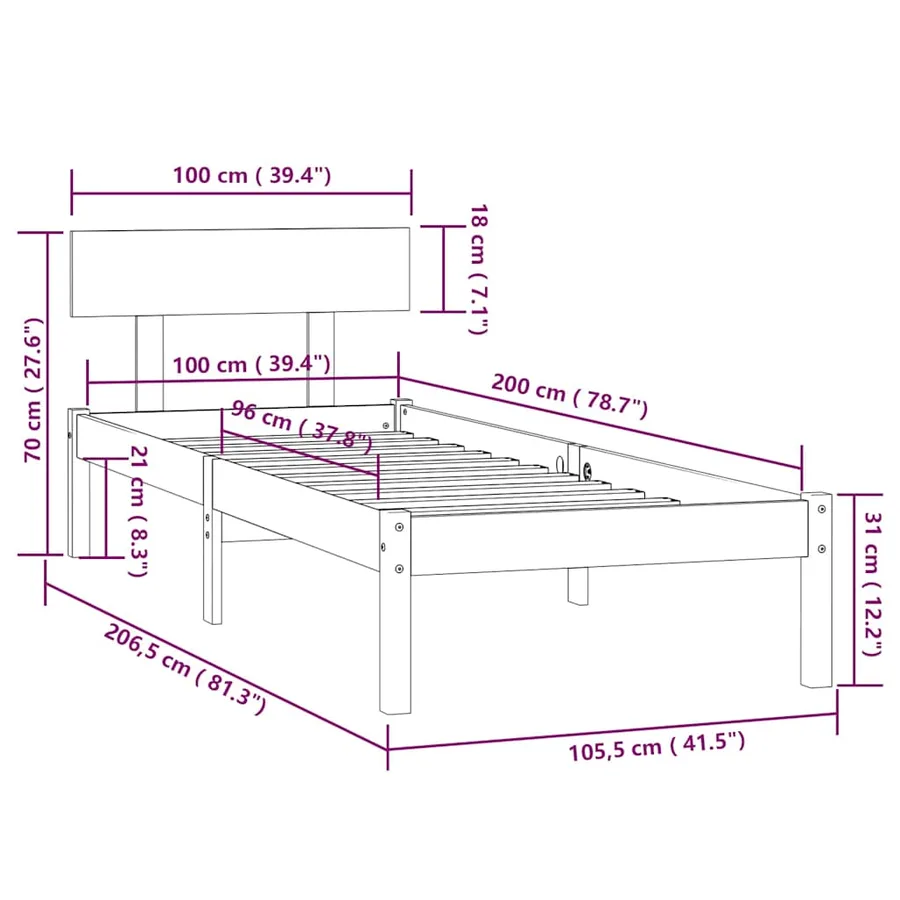 Cadre de lit sans matelas gris bois massif 100x200 cm - 9