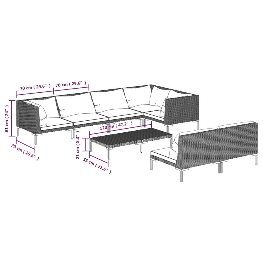 Salon de jardin 8 pcs avec coussins Résine tressée Gris foncé - 9