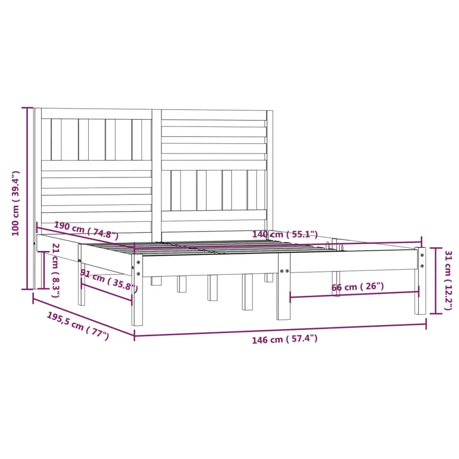 Cadre de lit sans matelas noir bois de pin massif 140x190 cm - 9