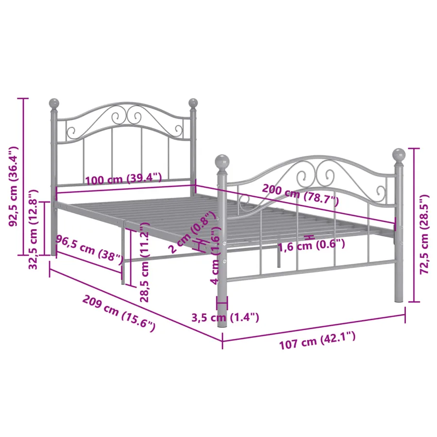 Cadre de lit sans matelas gris métal 100x200 cm - 8