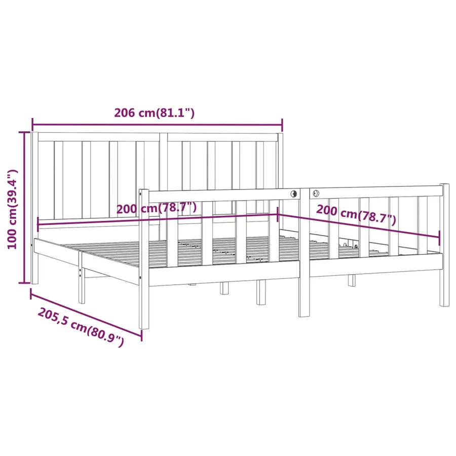 Cadre de lit sans matelas noir 200x200 cm bois massif - 8