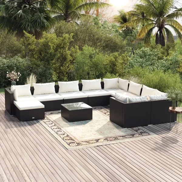 Salon de jardin 11 pcs avec coussins Résine tressée Noir