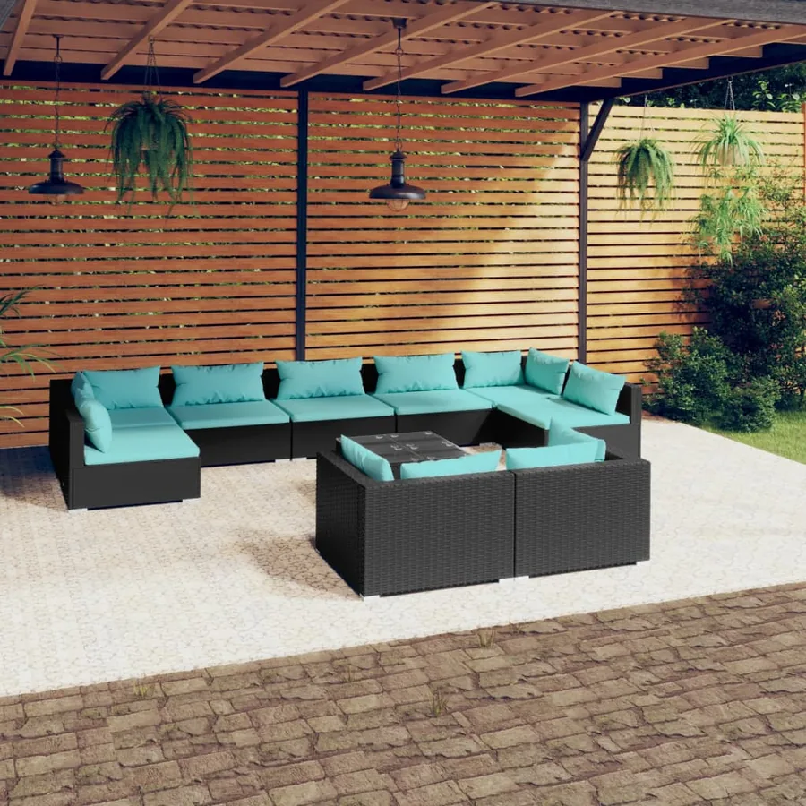 Salon de jardin 10 pcs avec coussins Noir Résine tressée