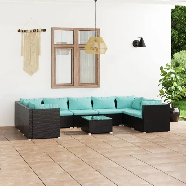 Salon de jardin 10 pcs avec coussins Résine tressée Noir
