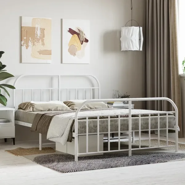 Cadre de lit métal sans matelas et pied de lit blanc 140x190 cm