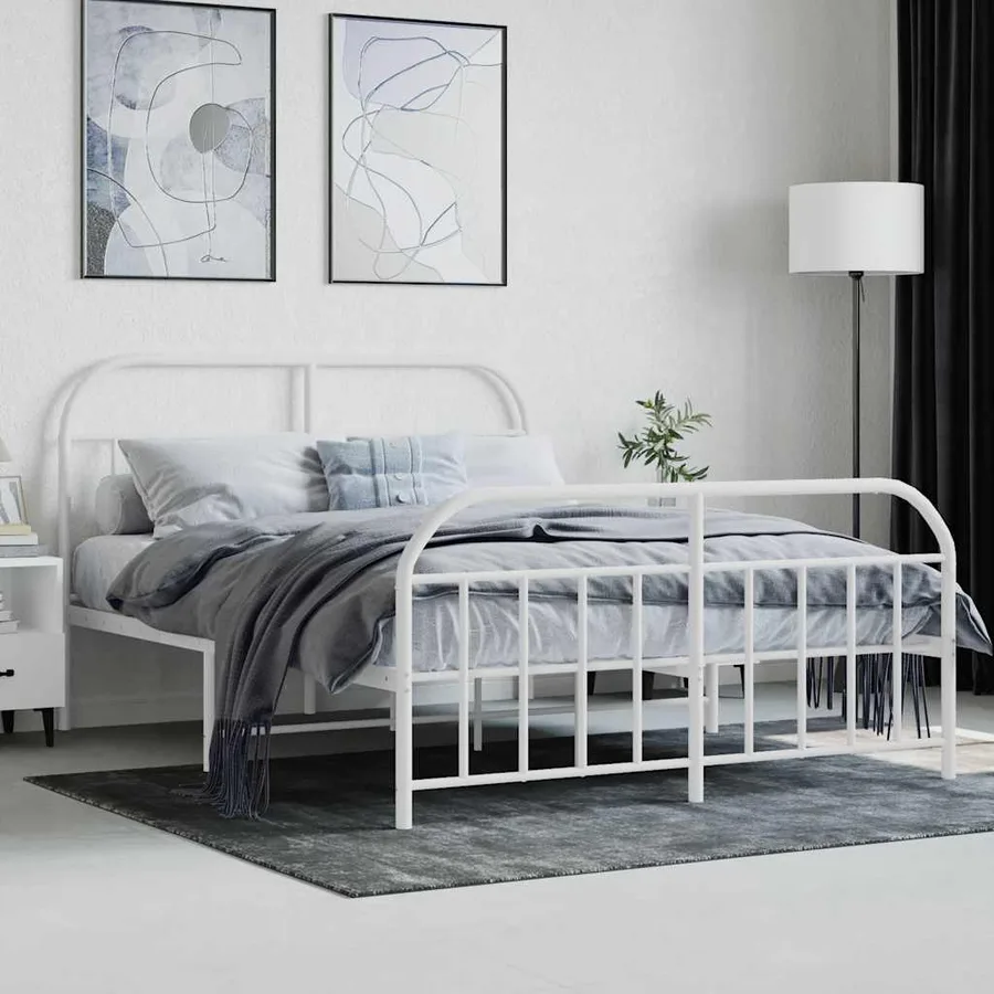 Cadre de lit métal sans matelas et pied de lit blanc 140x190 cm - 4