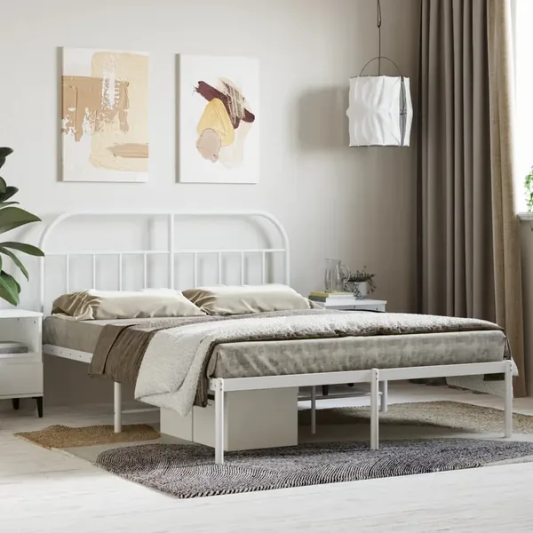 Cadre de lit métal sans matelas et tête de lit blanc 140x200 cm