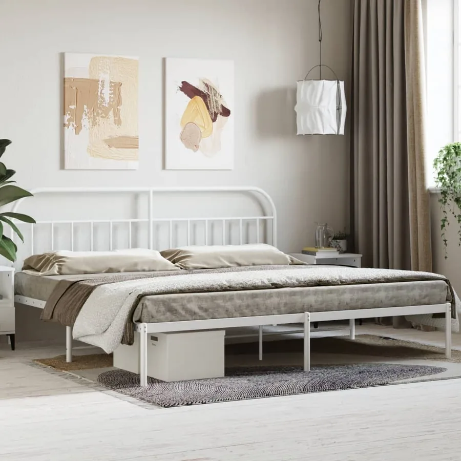 Cadre de lit métal sans matelas et tête de lit blanc 200x200 cm