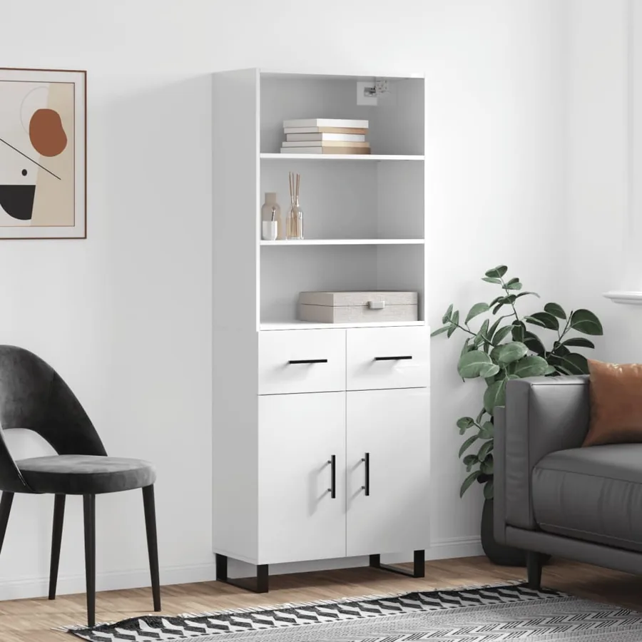 Buffet haut Blanc brillant 69,5x34x180 cm Bois d'ingénierie