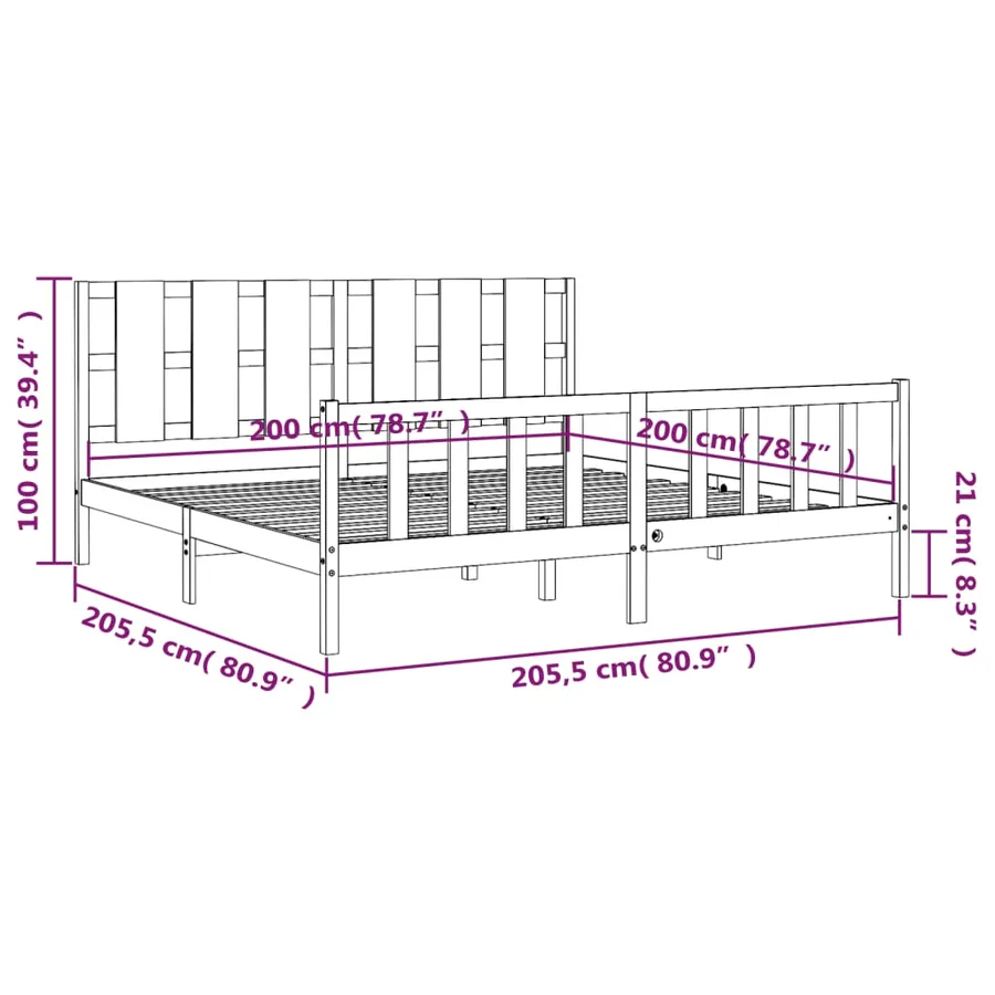 Cadre de lit sans matelas noir 200x200 cm bois massif de pin - 12