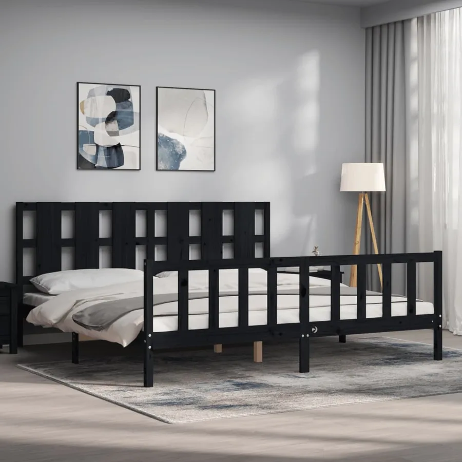 Cadre de lit sans matelas noir 200x200 cm bois massif de pin - 3