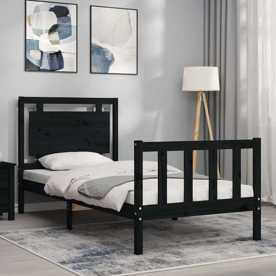 Cadre de lit sans matelas noir bois de pin massif - 4