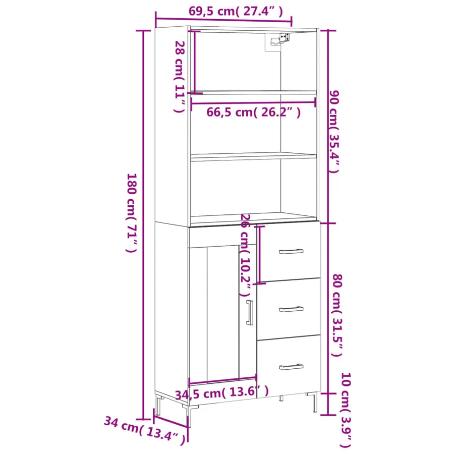 Buffet haut Chêne sonoma 69,5x34x180 cm Bois d'ingénierie - 14
