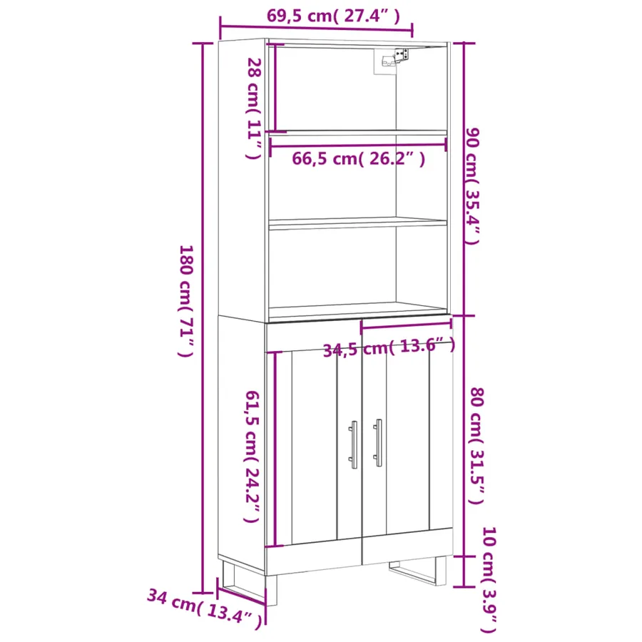 Buffet haut Blanc 69,5x34x180 cm Bois d'ingénierie - 13