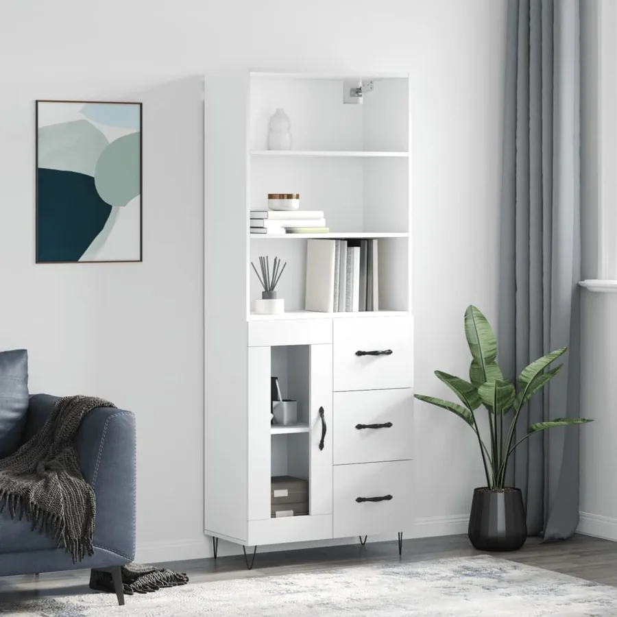 Buffet haut Blanc brillant 69,5x34x180 cm Bois d'ingénierie