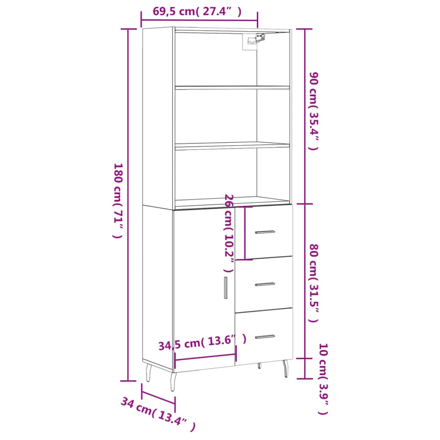Buffet haut Gris béton 69,5x34x180 cm Bois d'ingénierie - 14