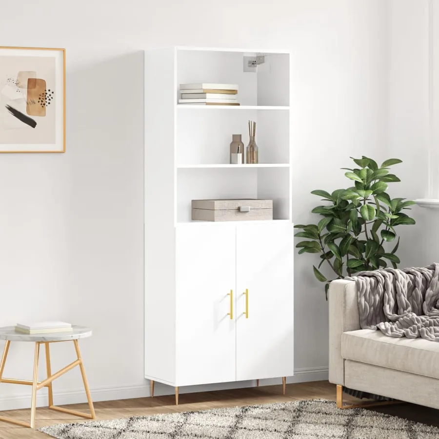 Buffet haut Blanc brillant 69,5x34x180 cm Bois d'ingénierie
