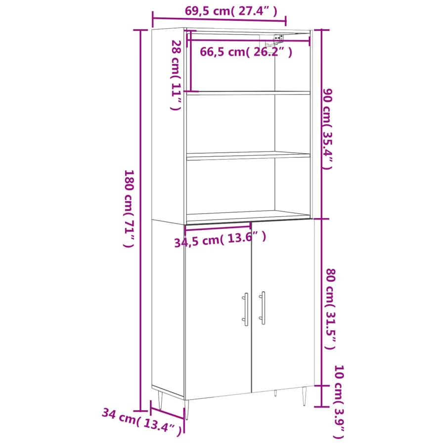 Buffet haut Blanc brillant 69,5x34x180 cm Bois d'ingénierie - 13