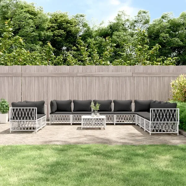 Salon de jardin avec coussins 11 pcs blanc acier