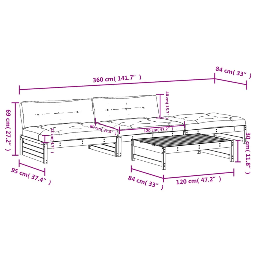Salon de jardin 4 pcs avec coussins bois massif douglas - 8
