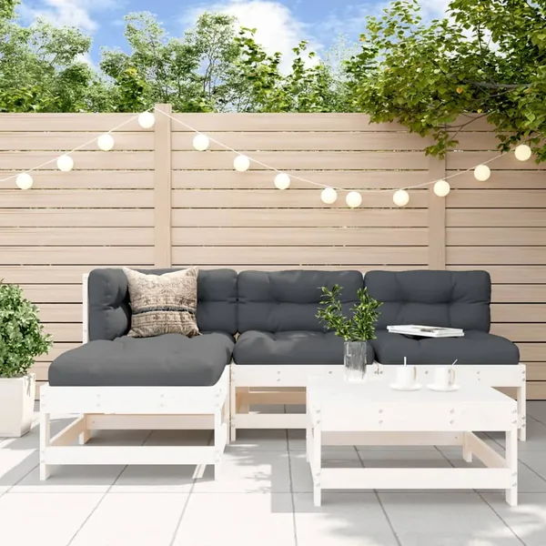 Salon de jardin 5 pcs avec coussins blanc bois massif