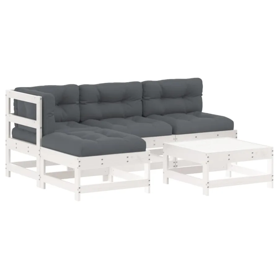 Salon de jardin 5 pcs avec coussins blanc bois massif - 2