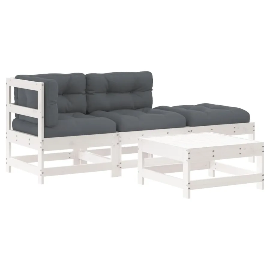 Salon de jardin 4 pcs avec coussins blanc bois massif - 2