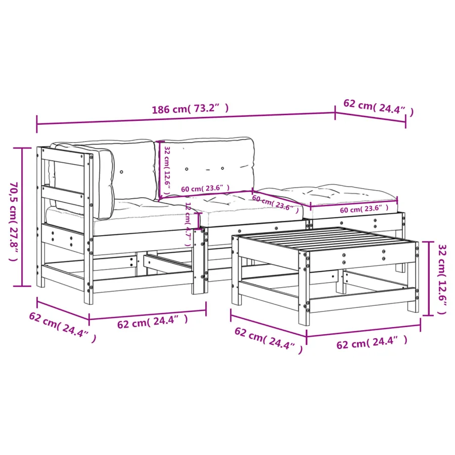 Salon de jardin 4 pcs avec coussins blanc bois massif - 9