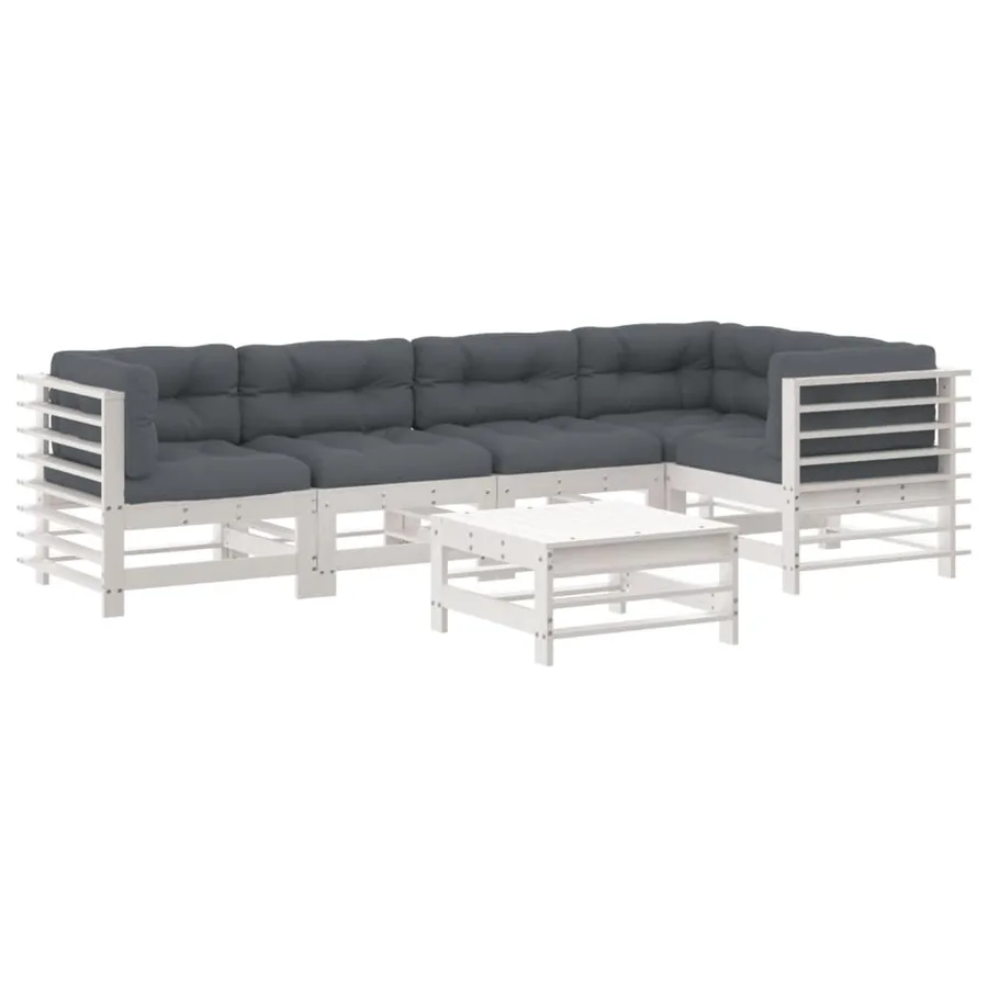 Salon de jardin 6 pcs avec coussins blanc bois massif - 2