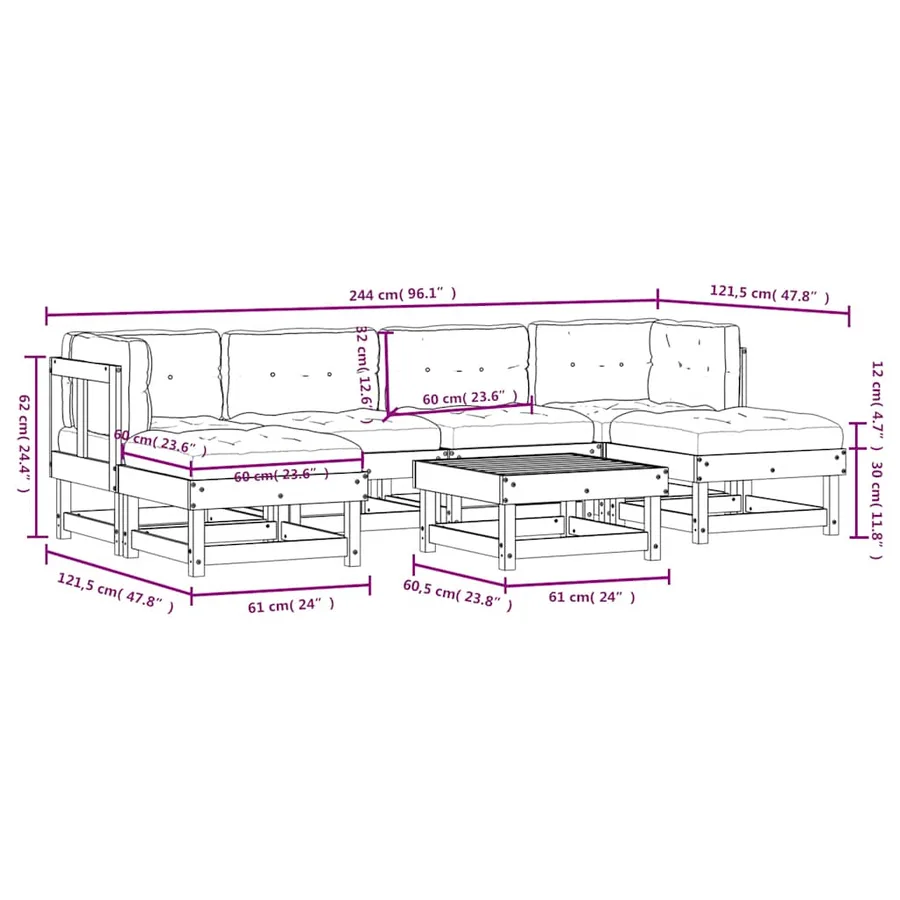 Salon de jardin 7 pcs avec coussins gris bois massif - 9