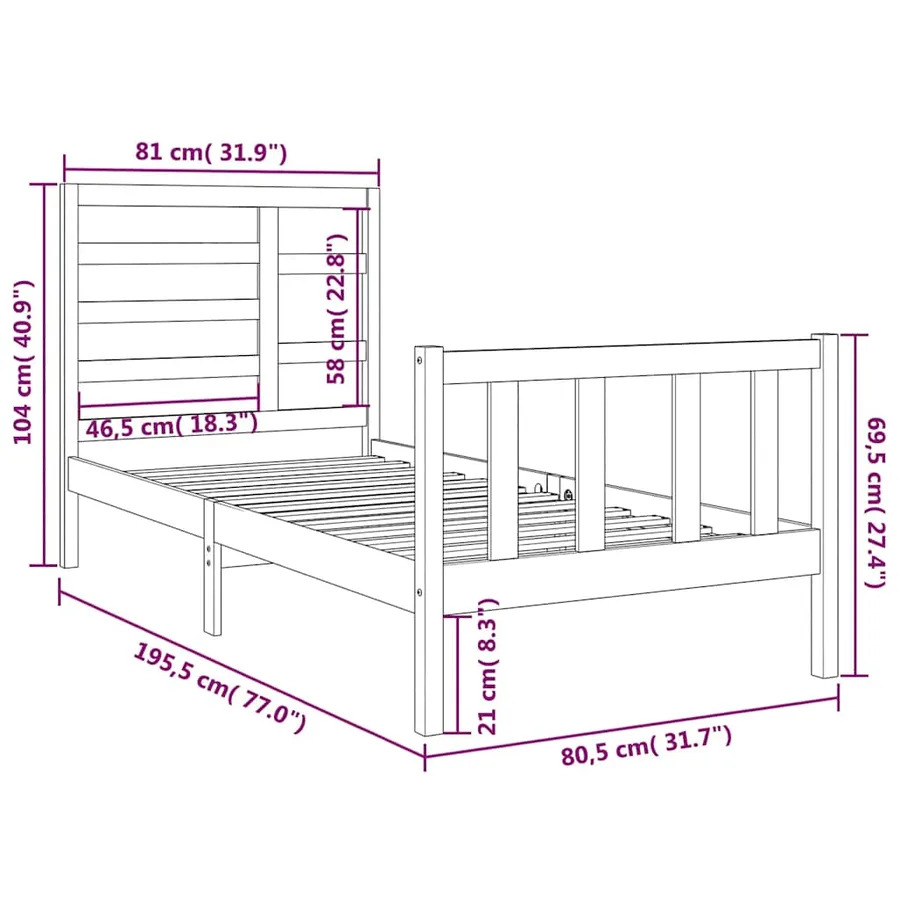 Cadre de lit sans matelas noir bois massif 75x190 cm - 6