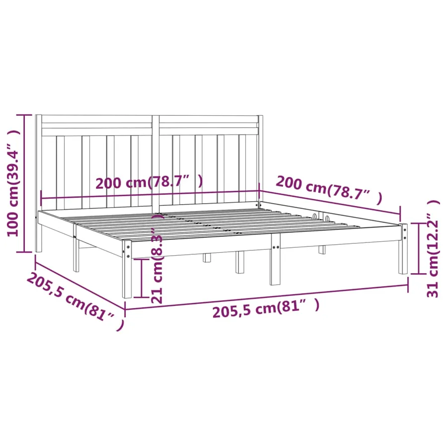 Cadre de lit sans matelas noir 200x200 cm bois massif - 6