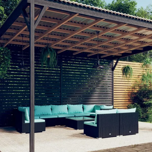 Salon de jardin 10 pcs avec coussins Résine tressée Noir