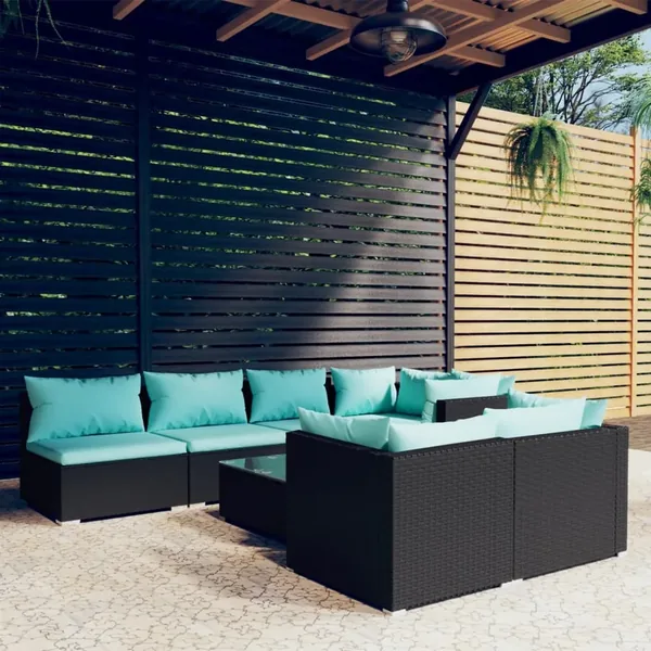 Salon de jardin 8 pcs avec coussins noir résine tressée