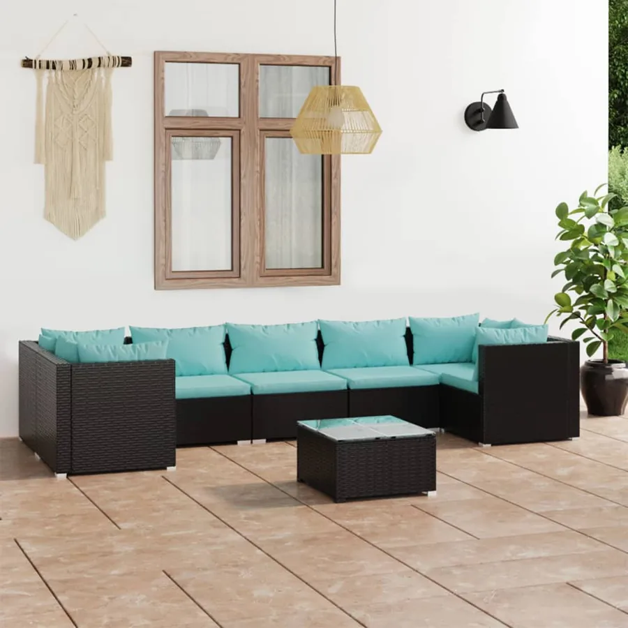 Salon de jardin 8 pcs avec coussins Résine tressée Noir