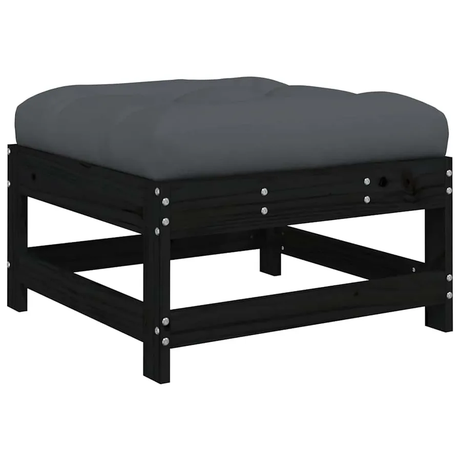 Repose-pied de jardin avec coussin noir bois de pin massif - 2