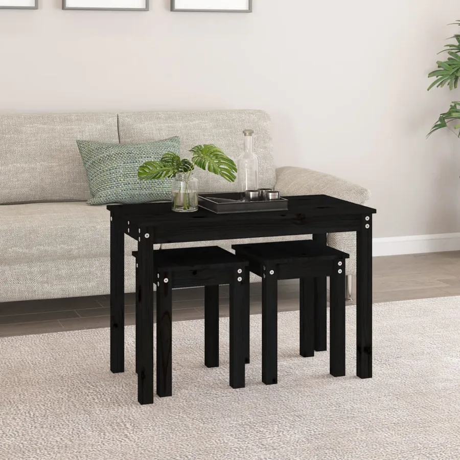 Tables gigognes 3 pcs Noir Bois de pin massif - 3