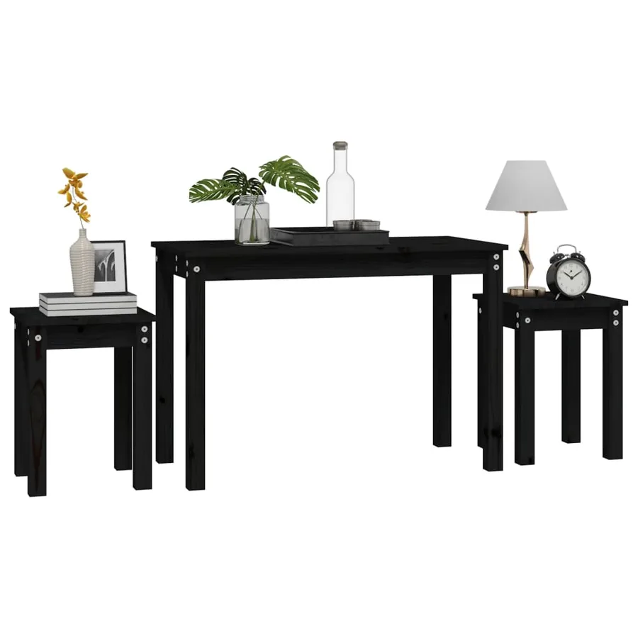 Tables gigognes 3 pcs Noir Bois de pin massif - 4