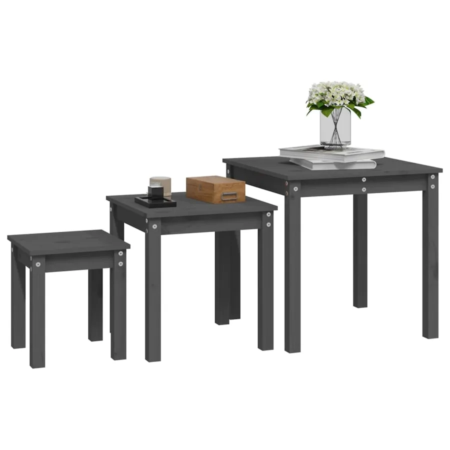Tables gigognes 3 pcs Gris Bois de pin massif - 4
