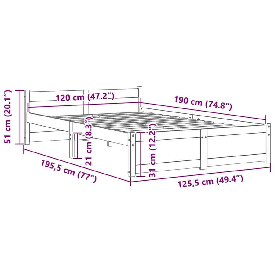 Cadre de lit sans matelas bois massif 120x190 cm - 9