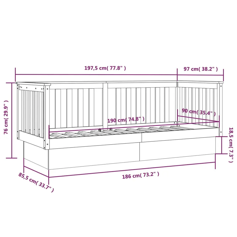 Lit de jour sans matelas noir 90x190 cm bois de pin massif - 11