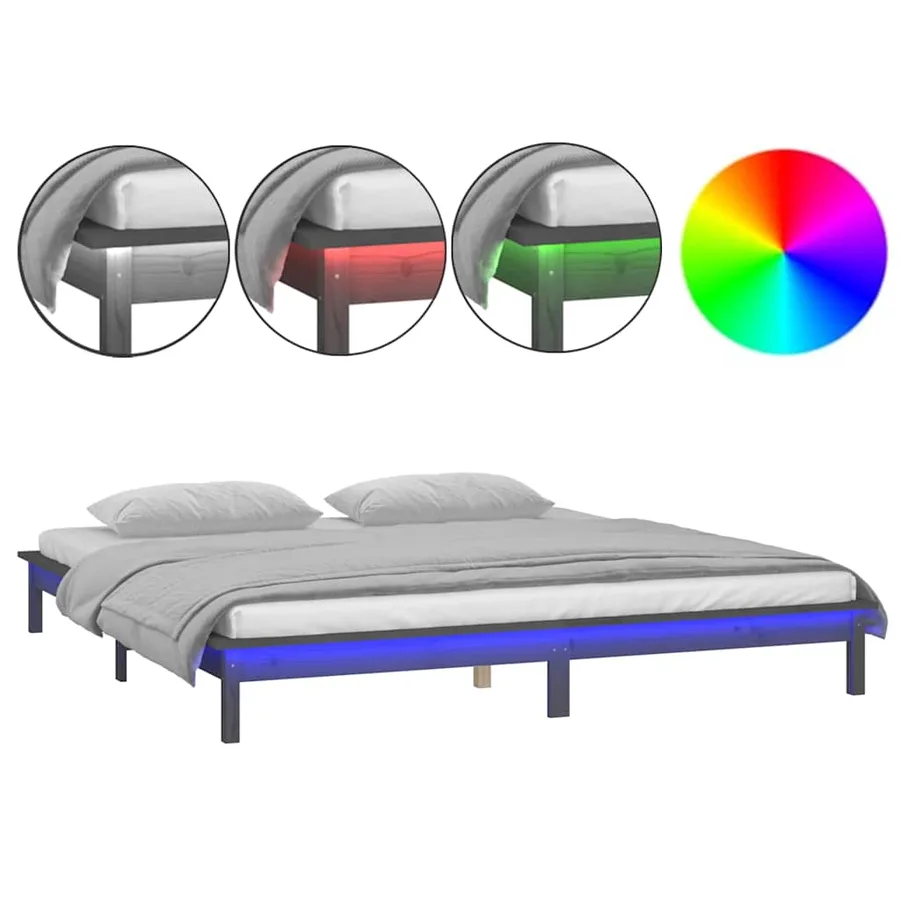 Cadre de lit à LED sans matelas gris 120x190 cm bois massif - 2