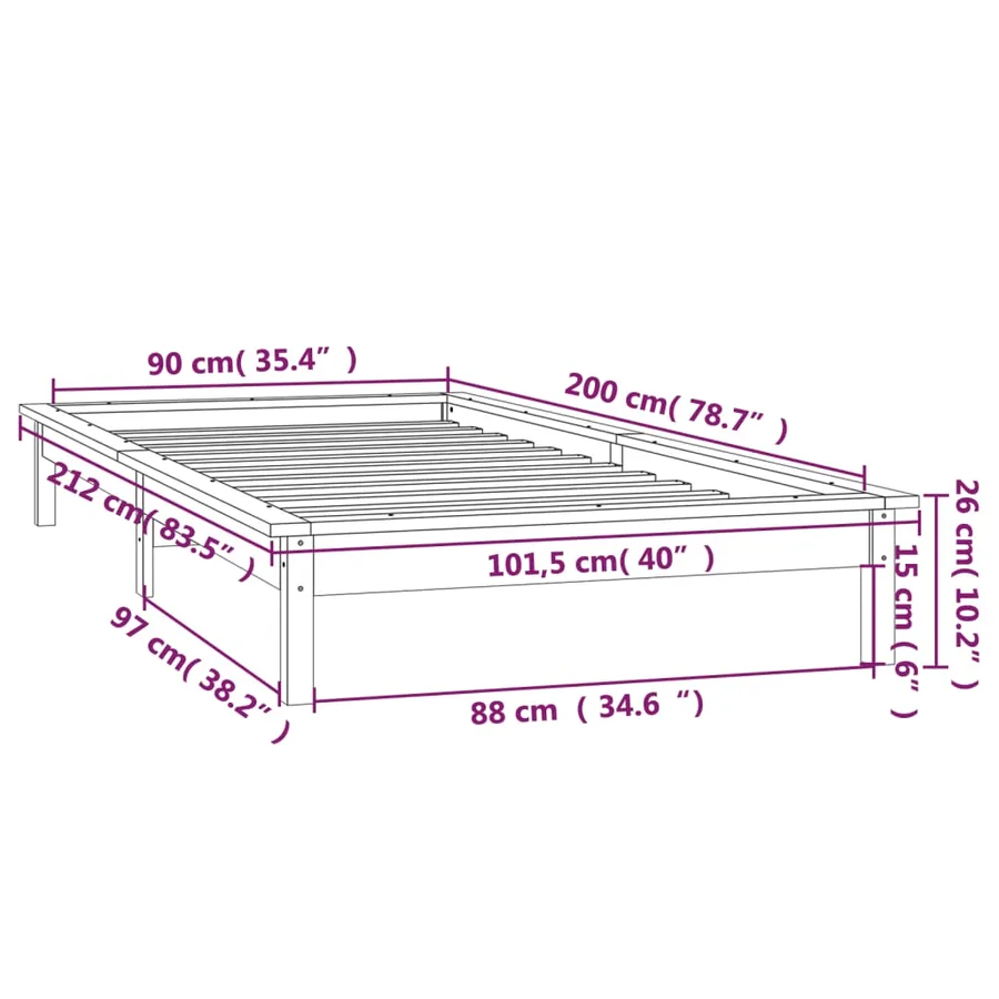 Cadre de lit à LED sans matelas gris 90x200 cm bois massif - 13