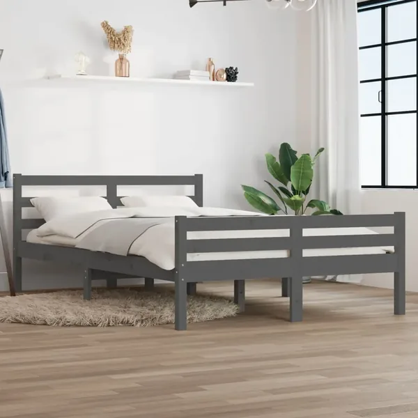 Cadre de lit sans matelas gris bois massif 150x200 cm