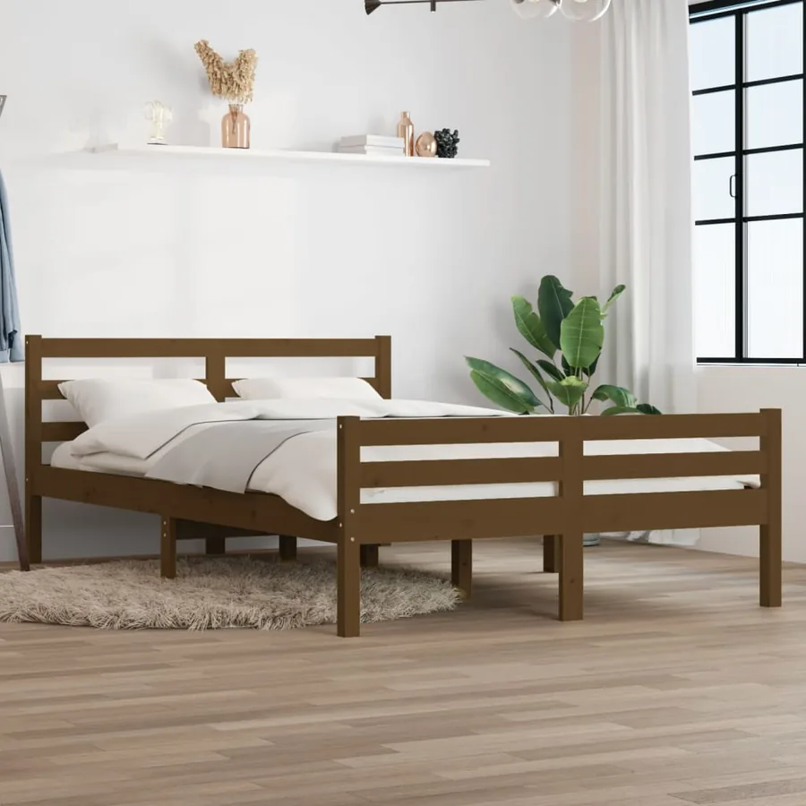 Cadre de lit sans matelas marron miel bois massif 135x190 cm