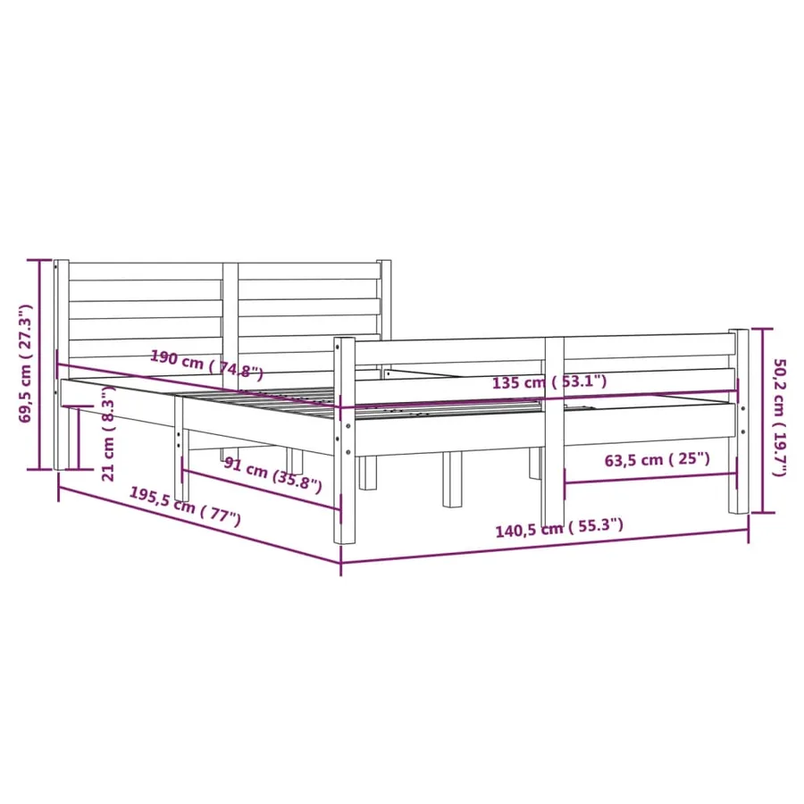 Cadre de lit sans matelas marron miel bois massif 135x190 cm - 10
