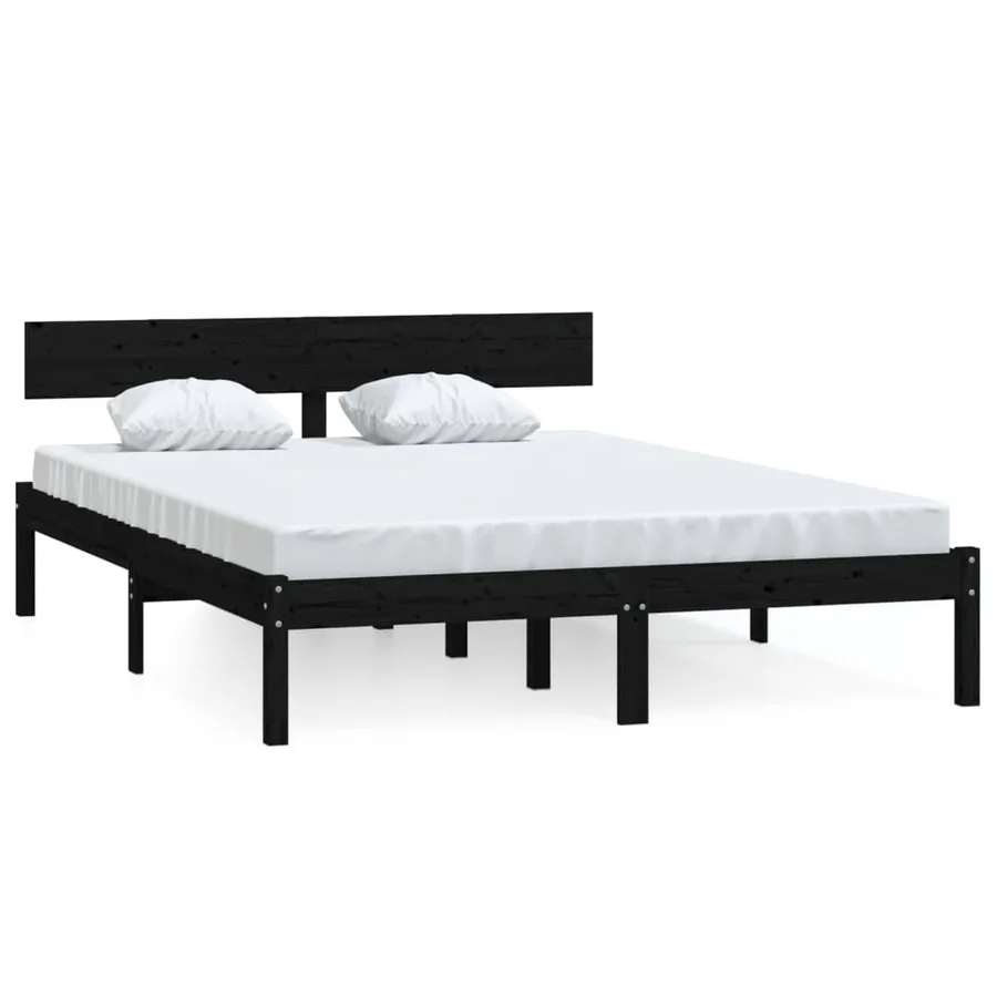 Cadre de lit sans matelas noir bois de pin massif - 2